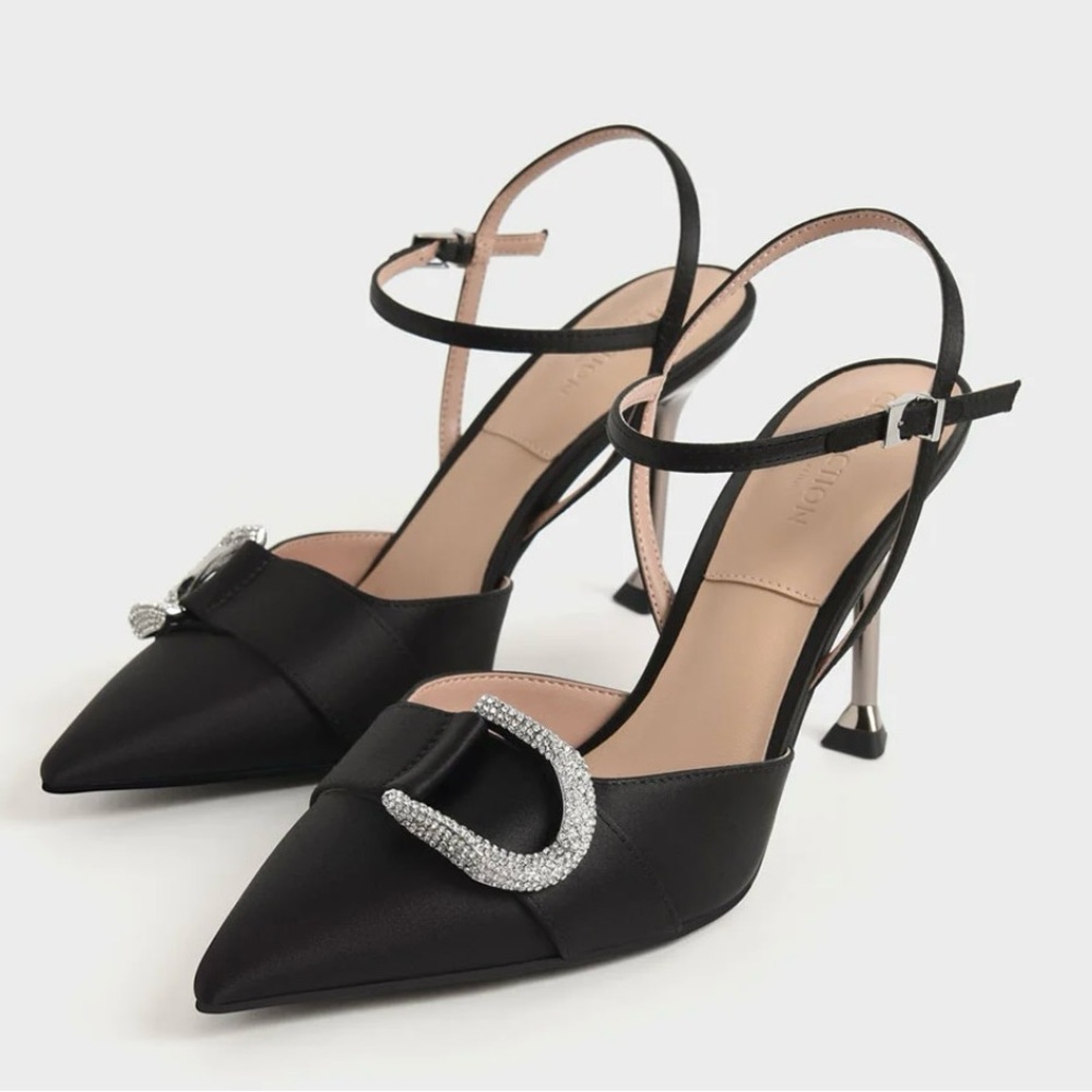 GORGEOUS! Charles and Keith Satin Black Crystal Buckle Slingback Heels - Size 39